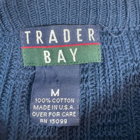 VTG Trader Bay Men M Texture Pattern Knit Crew Neck Sweater Blue Cotton USA 90s - Picture 6 of 10